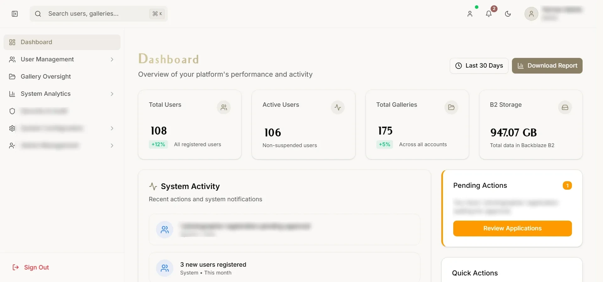 Yarrow Weddings & Co. studio console showing 108 users, 175 galleries, and 947.07 GB in Backblaze B2