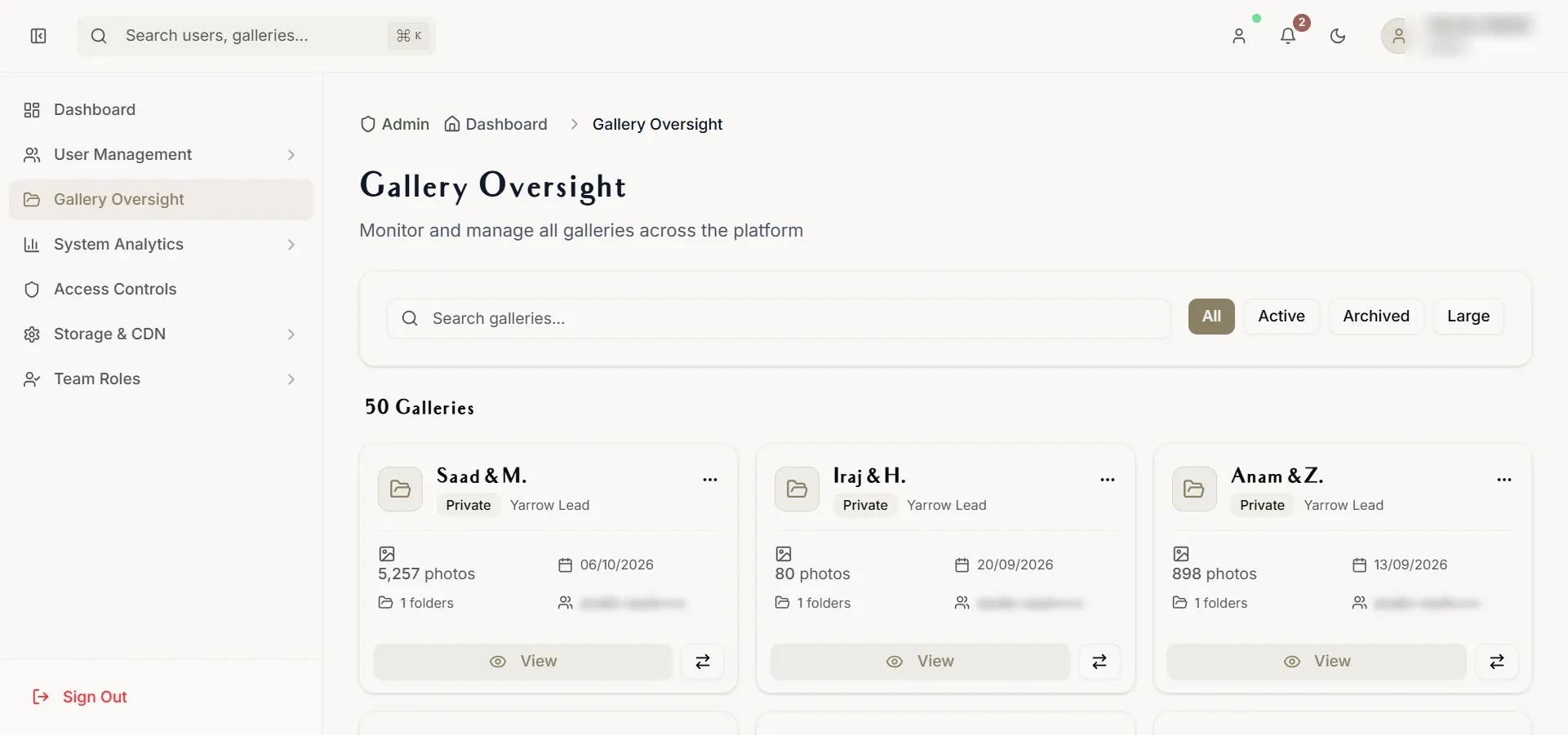 Yarrow Weddings & Co. gallery oversight showing active wedding galleries up to 5,257 photos